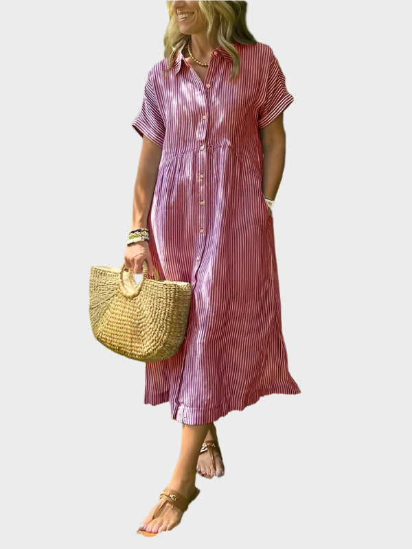 Prugasto košulja haljina s ukrasnim krilcima, gumbima i funkcionalnim džepovima