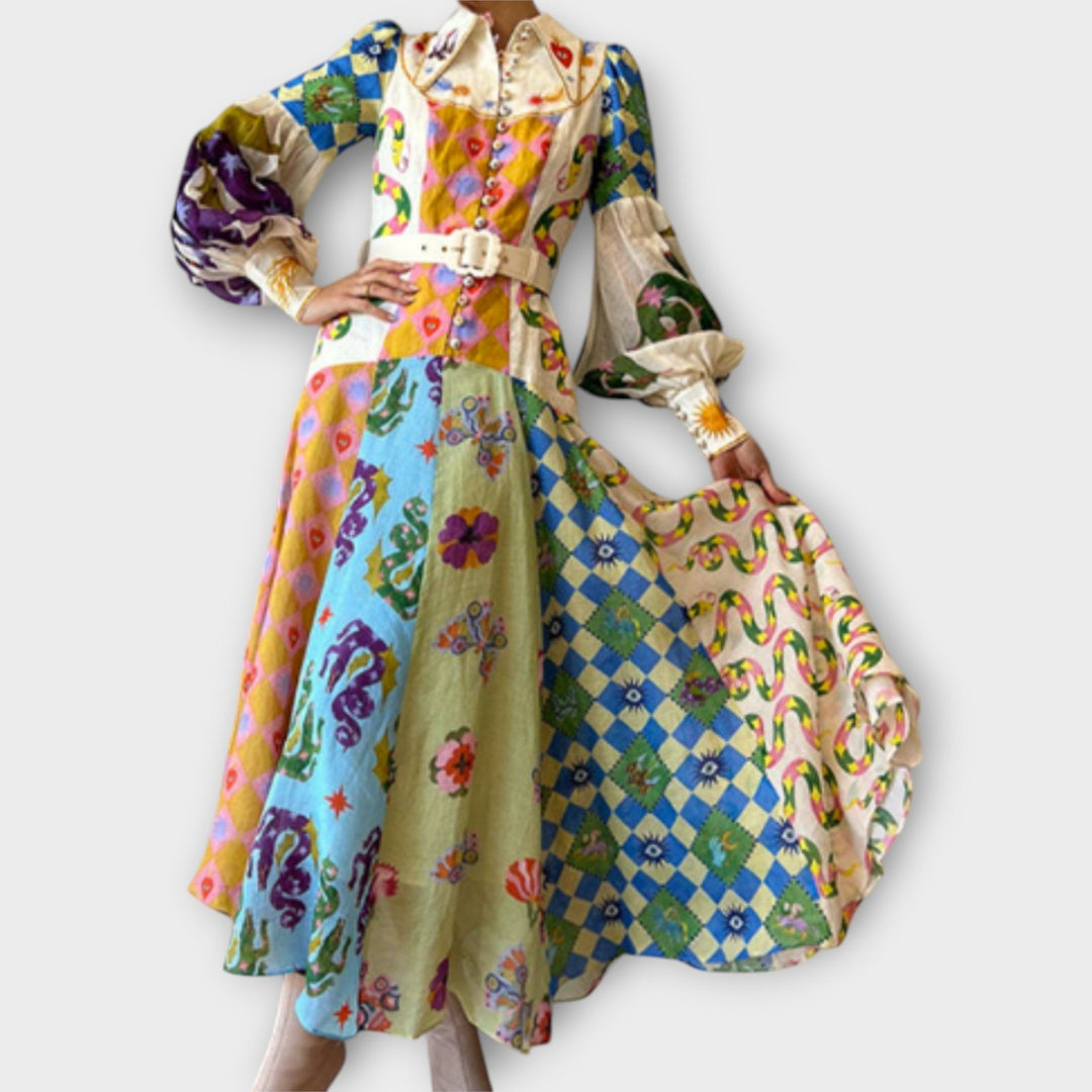 Maxi haljina s remenom i nabuhlim rukavima