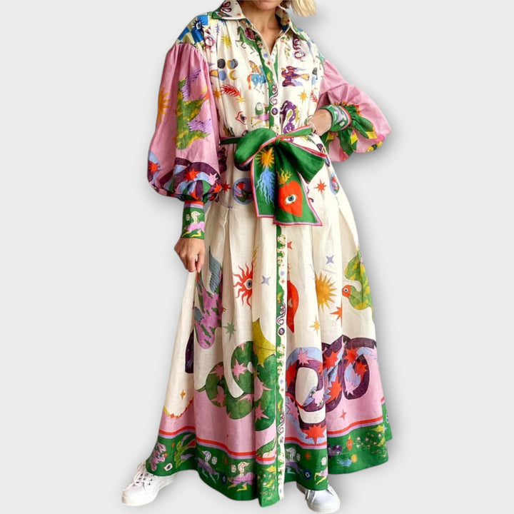 Maxi haljina s remenom i nabuhlim rukavima