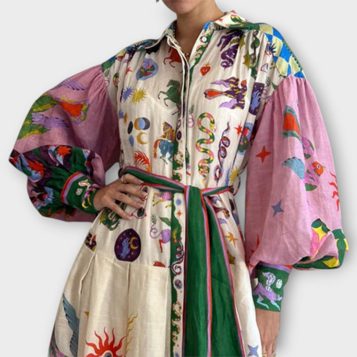 Maxi haljina s remenom i nabuhlim rukavima