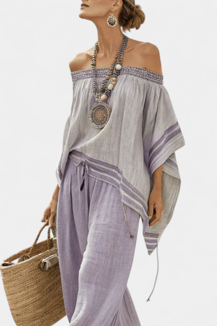 Bambus set s prugama, otvorenih ramena i širokih hlača za elegantan i svjež izgled