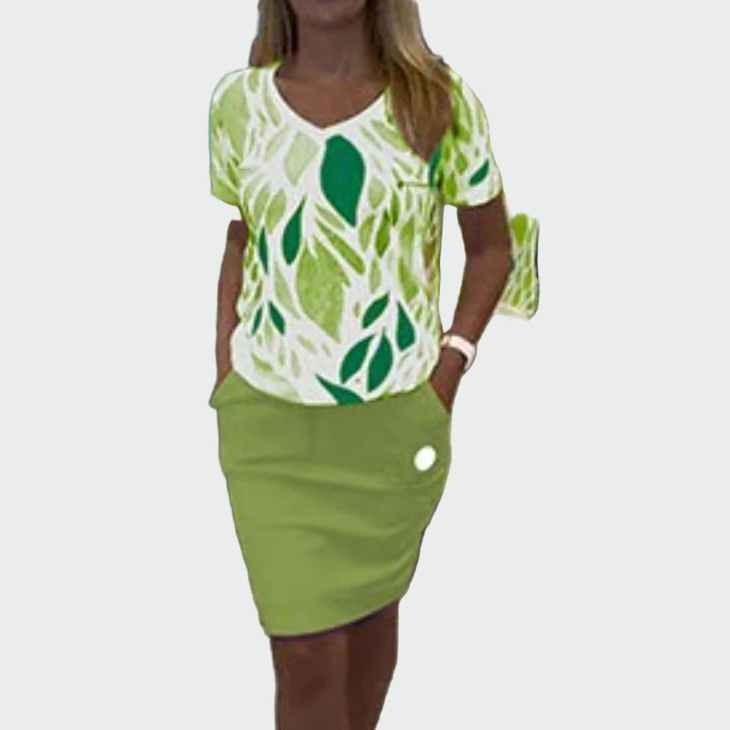 Set top s uzorkom i elegantnim suknjom