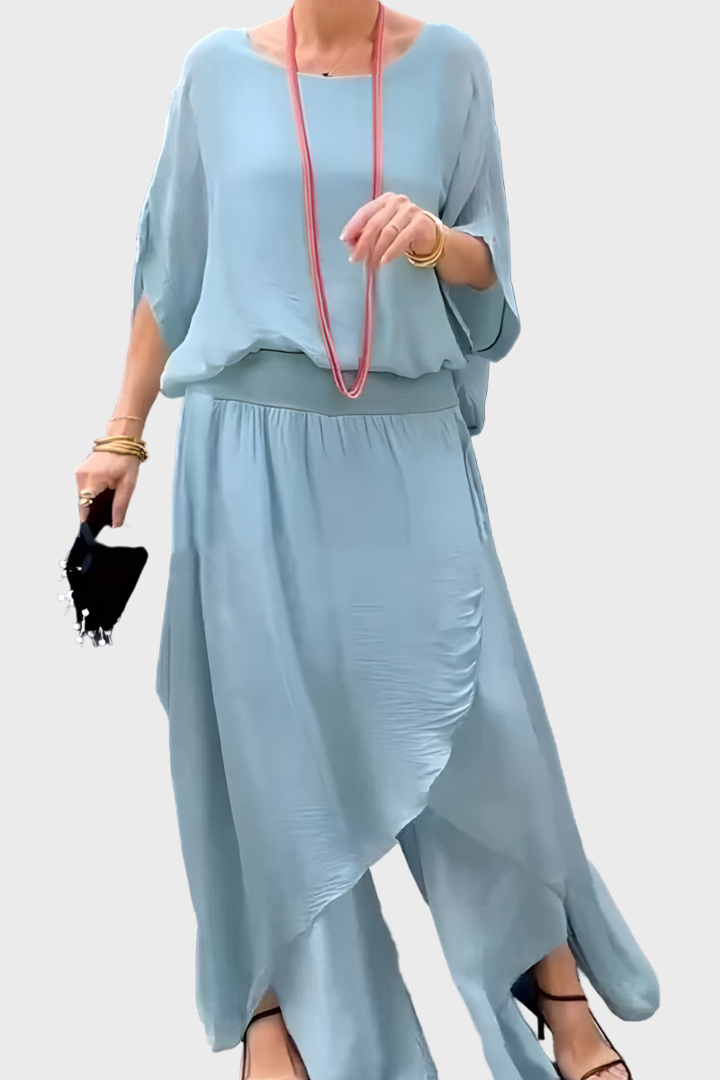 Široki top i hlače s poderotinama – Set od dva komada od svile