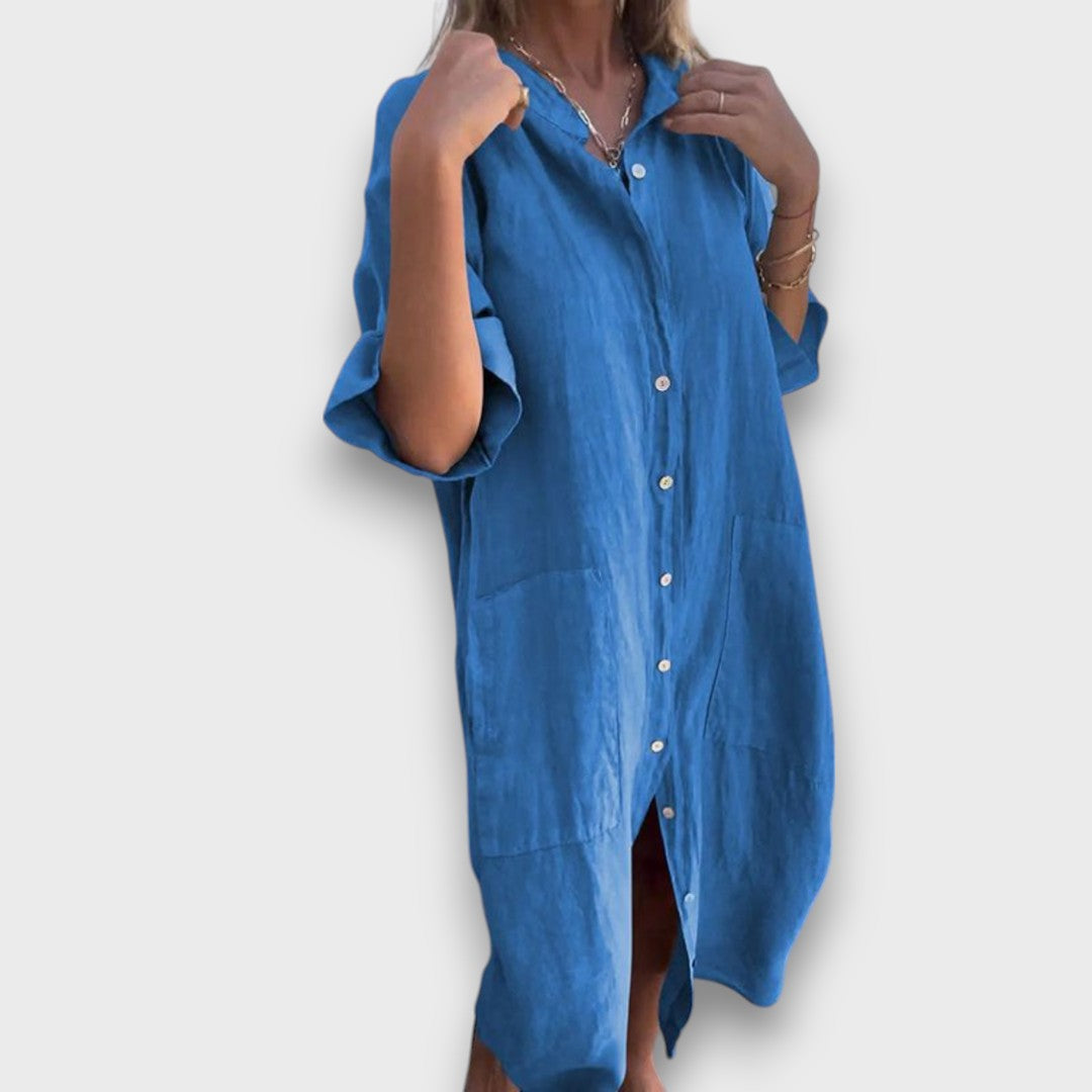 Laneno košulja-haljina s gumbima i džepovima