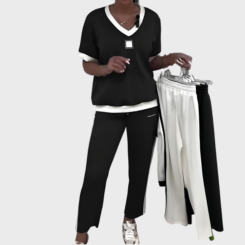 Ženski neformalni komplet s topom i hlačama s V izrezom