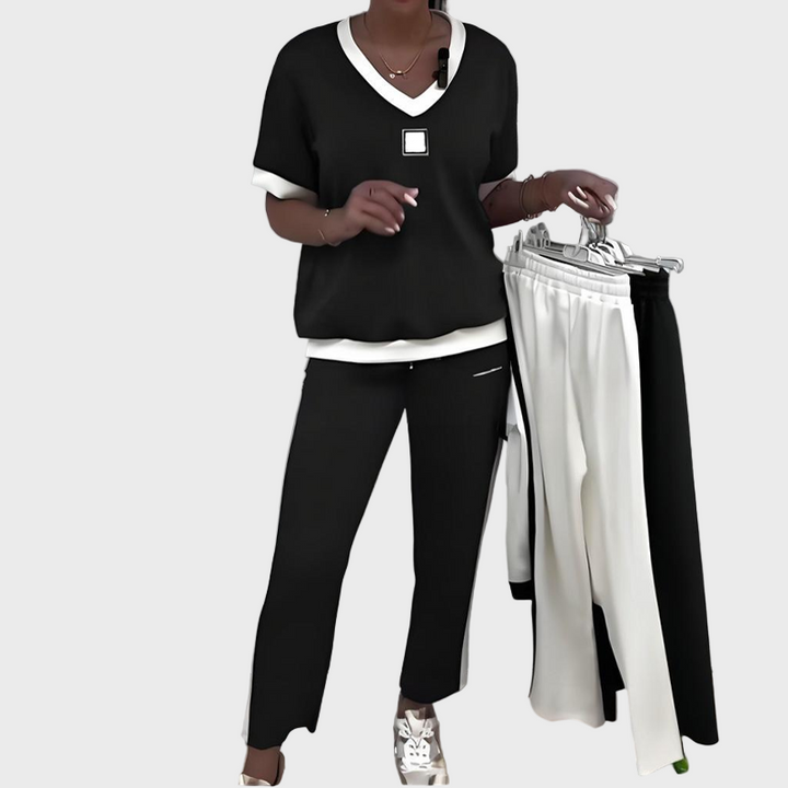 Ženski neformalni komplet s topom i hlačama s V izrezom