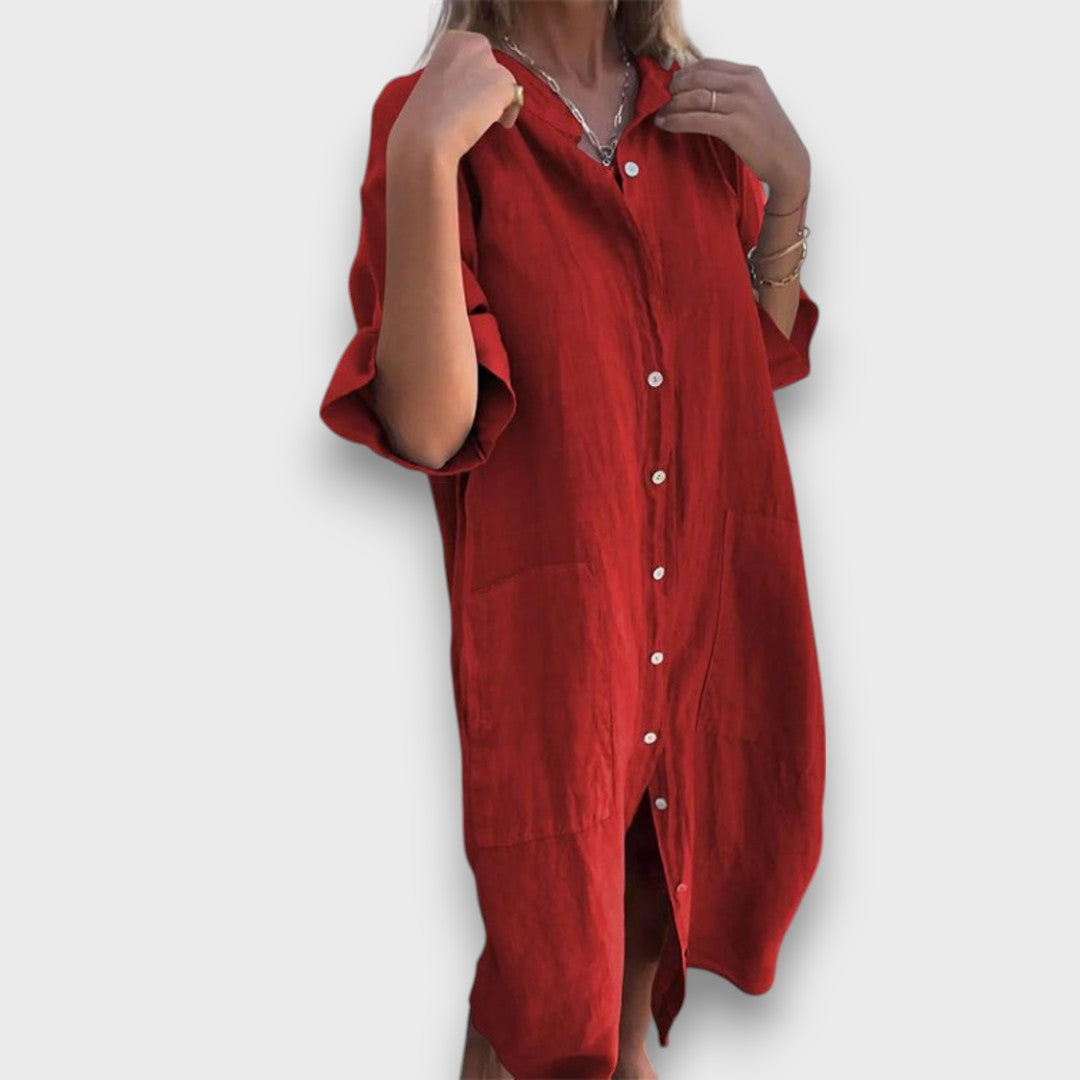 Laneno košulja-haljina s gumbima i džepovima