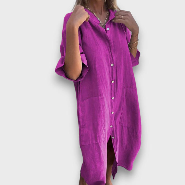 Laneno košulja-haljina s gumbima i džepovima