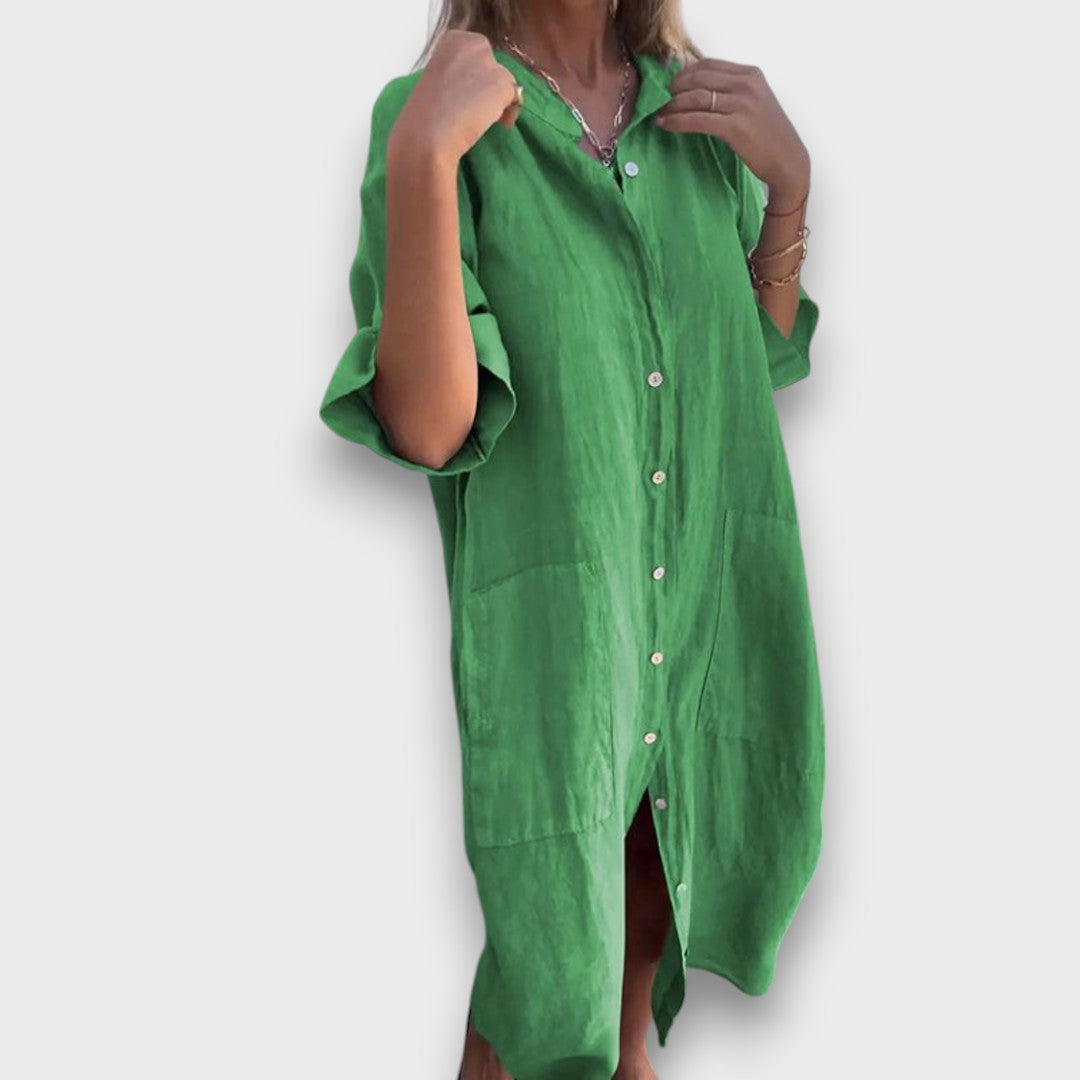 Laneno košulja-haljina s gumbima i džepovima