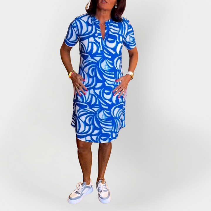 Srednje midi haljina s uzorkom i kratkim rukavima