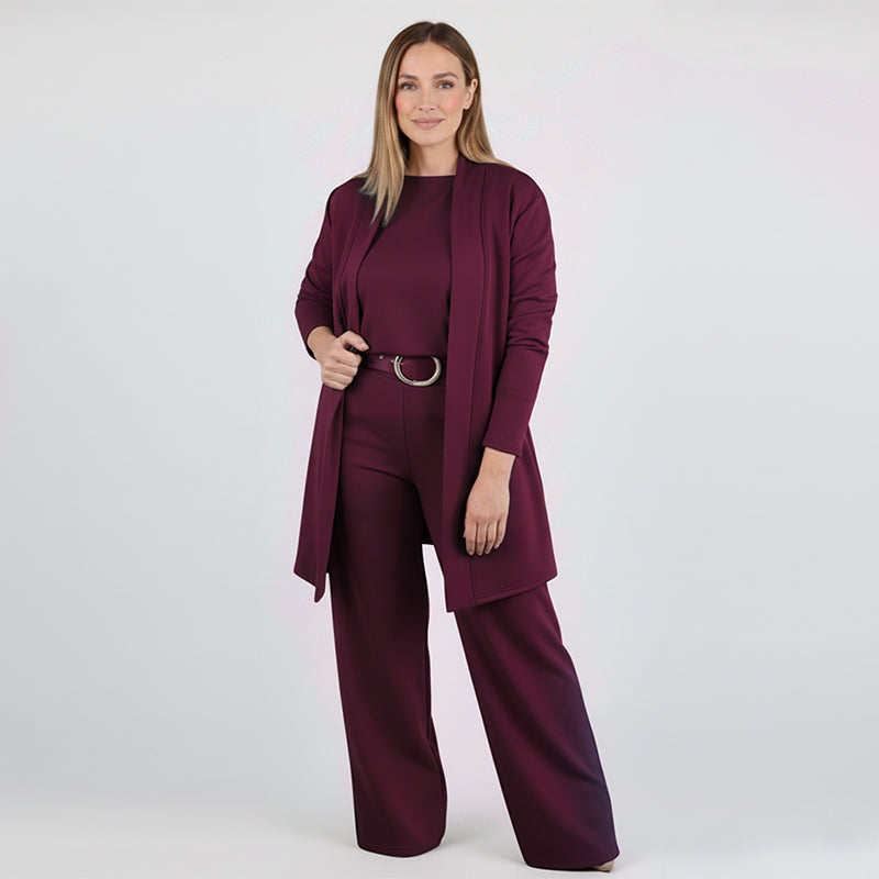 Louge Set | Elegantan 3-dijelni komplet: dugi kardigan, stilizirana bluza i elegantne hlače