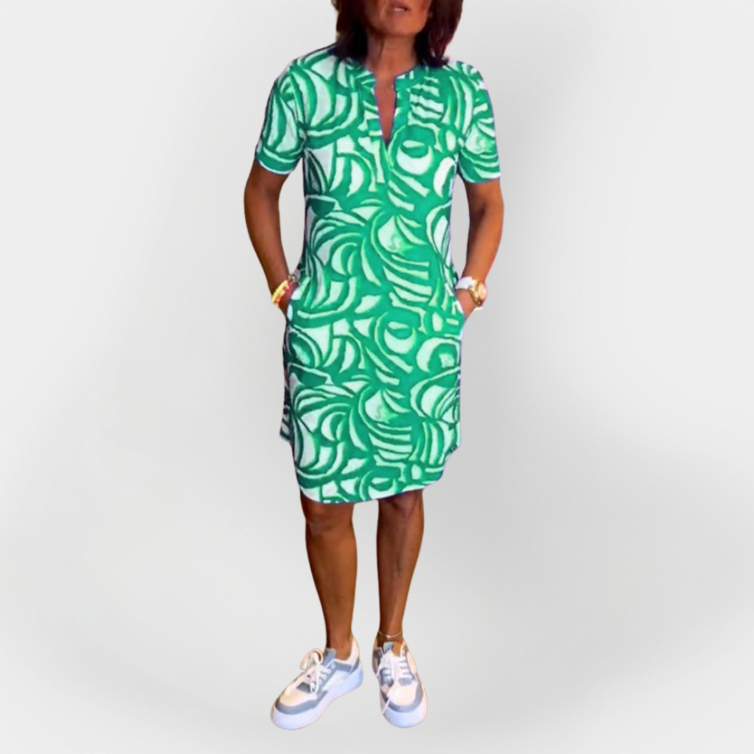 Srednje midi haljina s uzorkom i kratkim rukavima