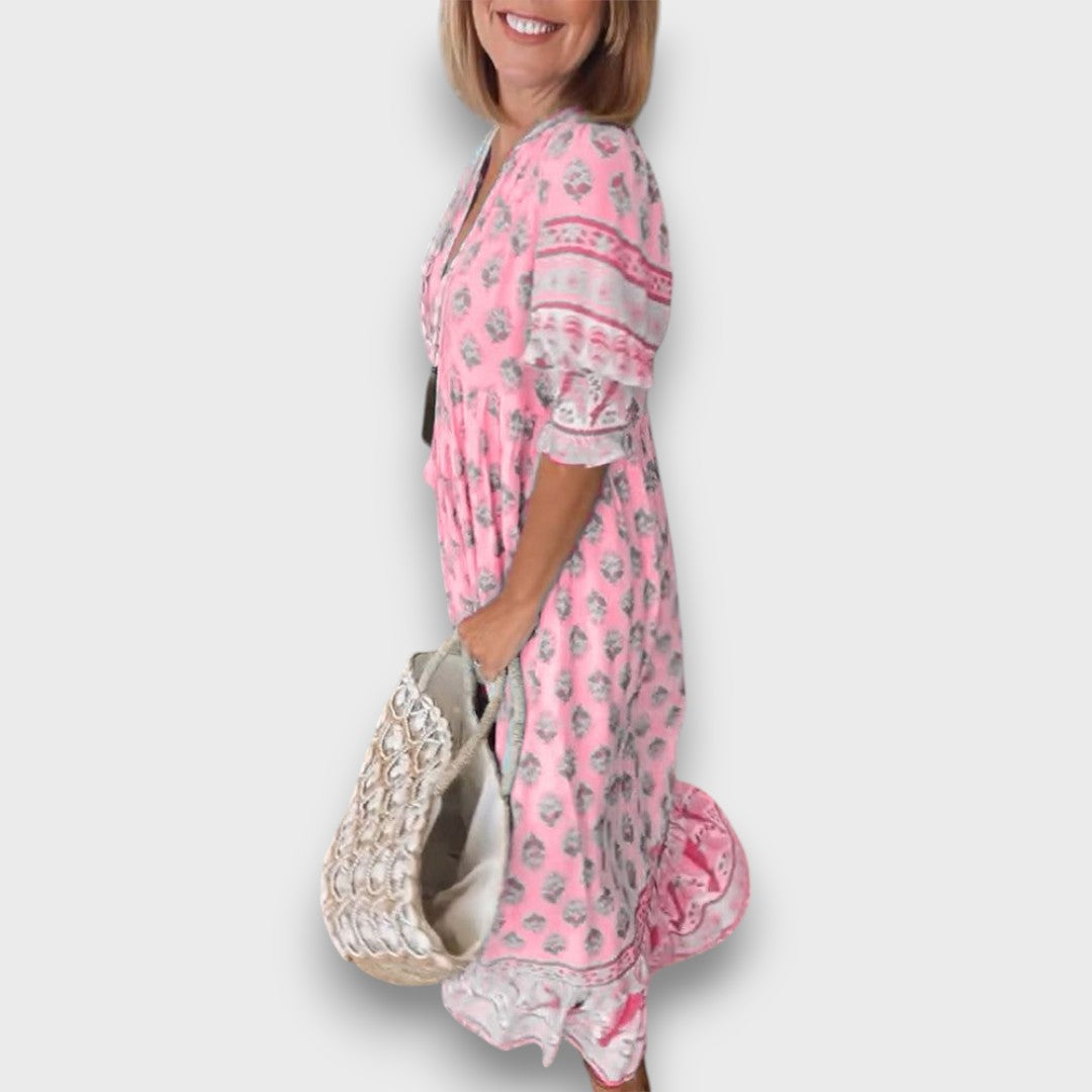 Prozračno boho haljina s 3/4 rukavima i dekolteom s vrpcom