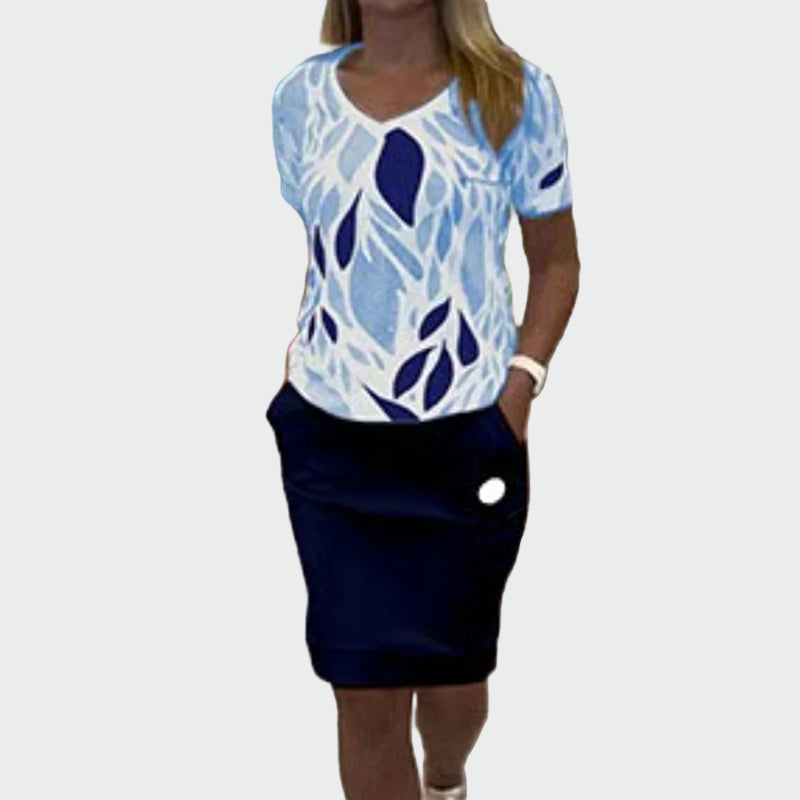 Set top s uzorkom i elegantnim suknjom