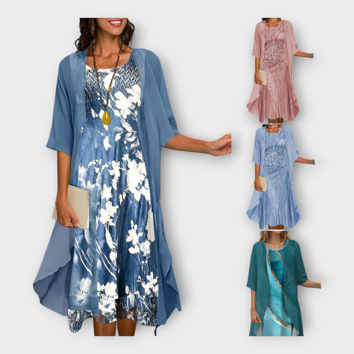 Prozračno haljina s vanjskim kaputom i uzorcima