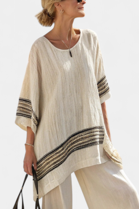 Mediteranski set Daisy od lanenog bambusa s elegantnim crvenim i zelenim prugama