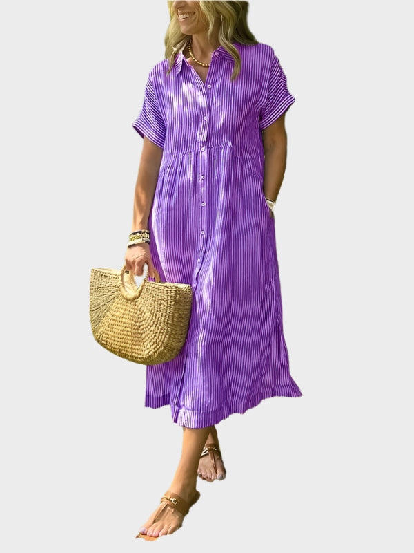 Prugasto košulja haljina s ukrasnim krilcima, gumbima i funkcionalnim džepovima